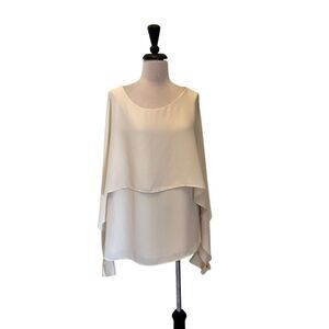 DKNY Women's Layer Long Batwing Sleeves Scoop Neck Chiffon Blouse Cream Size XL